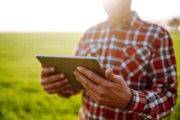 Tablet in the hands of a farmer. Smart farm. Farmer checking his crops on an agriculture field. Ripening ears of wheat field. The concept of the agricultural business.