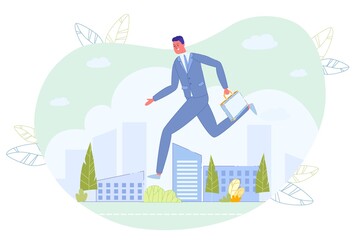 Businessman with Briefcase Rushing over Cityscape