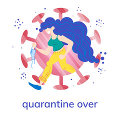 Stock vector illustration of a running girl with a medical mask in her hand on the background of the image of coronavirus. Emotion of joy from the end of quarantine after covid-19 pandemic.
