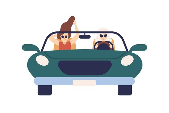 Two trendy girl in sunglasses on convertible vector flat illustration. Fashion female friends ride on cabriolet car isolated on white background. Women driver and passenger on auto without roof