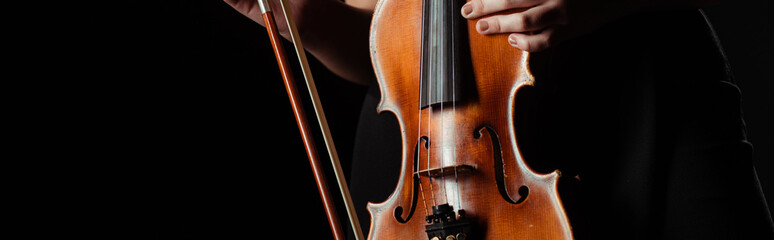 partial view of professional musician holding violin isolated on black, panoramic concept