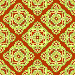 Seamless traditional paisley damask pattern with orange background