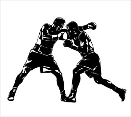 Boxing. Boxers fight duel Isolated on a white background. Black and white graphics. Vector illustration
