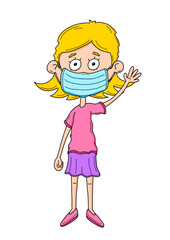 Ausmalbild: Mädchen mit Mundschutz-Maske - koloriert