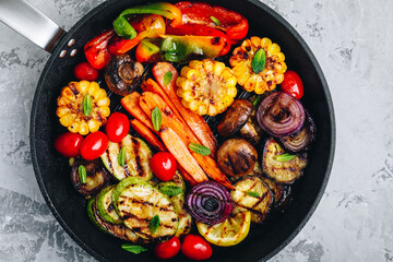 Grilled Vegetable Platter with Zucchini, mushrooms, eggplant, carrots, pepper bell, tomato, onions, corn, and Yogurt Mint Sauce