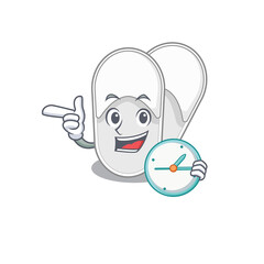 mascot design style of hotel slippers standing with holding a clock