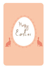 White egg surrounded by decorative twigs and two rabbits. Coral background