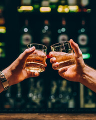 two guys clink glasses with whiskey at the bar - obrazy, fototapety, plakaty