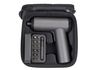 Electric screwdriver and a screw bit set in a shockproof case isolated on white background