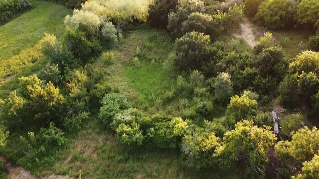 Vista aerea de peque&ntilde;o pueblo rodeado de campos y bosques al atardecer en Navarra.