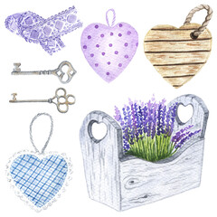 Watercolor decor elements in provence style.Hand Drawn Floral sachet, box with lavender, wooden decor, vintage keys on white background.