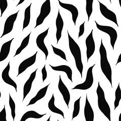  Seamless pattern of black leaves on a white background.pattern with a silhouette of black feathers. abstract texture.