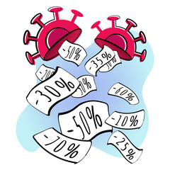 Discounts during and after the Covid-19 pandemic. Quarantine ends, the sale continues. Abstract background with the coronavirus. Banner for sale and discount promo. Stock vector illustration. 