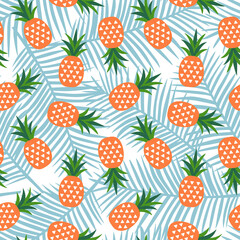 orange pineapple with triangles geometric fruit summer tropical exotic hawaii sweet pattern on a blue palm leaves background seamless vector - 354298311