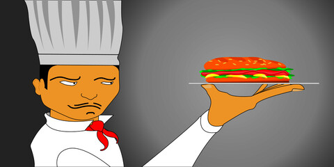Chef evaluates the cooked dish. Burger and master chef.