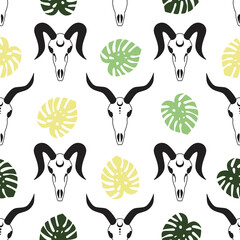 goat skulls with green and yellow monstera leaves plant on a white background seamless pattern demon satan vector - 354298353