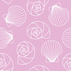white different types of seashells nautilus pompilius, oyster spiral on pink background sea ocean shell pattern seamless vector