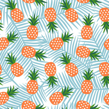 orange pineapple with triangles geometric fruit summer tropical exotic hawaii sweet pattern on a blue palm leaves background seamless vector