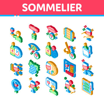 Sommelier Wine Tasting Icons Set Vector. Isometric Sommelier Hold Glass With Alcoholic Drink, Barrel And Corkscrew, Grape And Bottle Illustrations