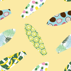 colorful surfboards with tropical print fruits palm leaves exotic hawaii on a yellow background pattern seamless vector - 354298729