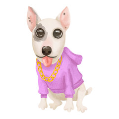 Obraz premium Watercolor illustration of cute English Bull Terrier isolated on white background. Greeting card design. Fashion dog in suit. High quality illustration