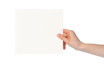 Obraz premium Woman's hand showing white paper banner isolated on white
