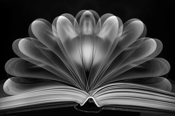 A black and white photo of a book with folded, fanned pages with a double exposure effect for artistic purposes.  Light painting technique shot against black background