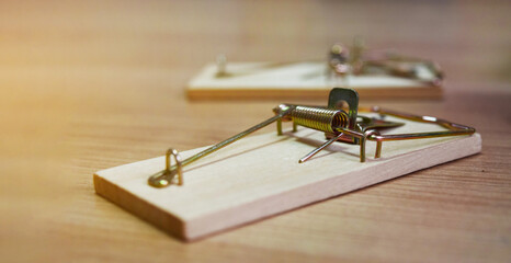 mousetraps without bait on a wooden table, as a business concept