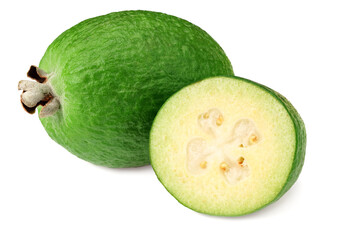 Tropical fruit feijoa with slices isolated on white background. Acca sellowiana