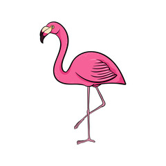 Hand drawn cute cartoon pink flamingo stay on one leg, colorful sketch style vector illustration isolated on white background. Hand drawing flamingo cute summer symbol