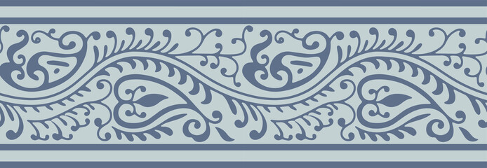 Seamless paisley geometrical border pattern with light grey background