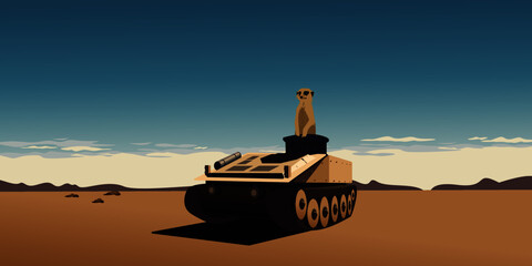 Meerkat riding a desert armored personnel carrier