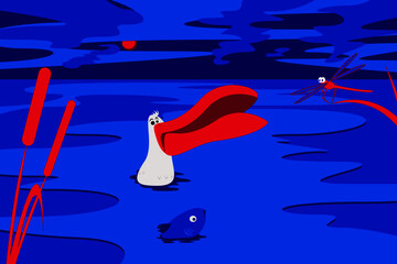 Duck in water looking to dragonfly. Fish swimming by the duck.