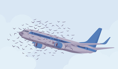 Passenger plane bird flock strike, ingestion and civil aircraft engine hit accident, collision causing vehicle sky travel jet damage or flight safety threat. Vector flat style cartoon illustration © andrew_rybalko
