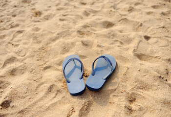 Fototapeta na wymiar Pair of blue slippers on the beach