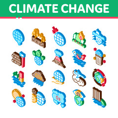 Climate Change Ecology Icons Set Vector. Isometric Climate Warming And Drought, Deforestation And Forest Fire, Co2 Emission And Eruption Illustrations