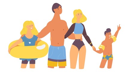 Happy family at vacation at tropics. Hugging and pointing at sky kids and adults isolated on white with inflatable ring in swimsuits and beachwear. Smiling characters