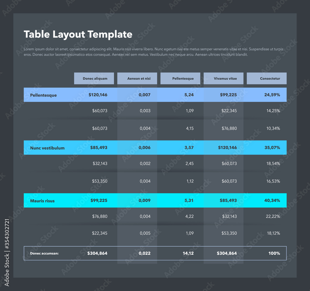 Poster Modern business table layout template with the total sum row and place for your content - dark version. Flat design, easy to use for your website or presentation.