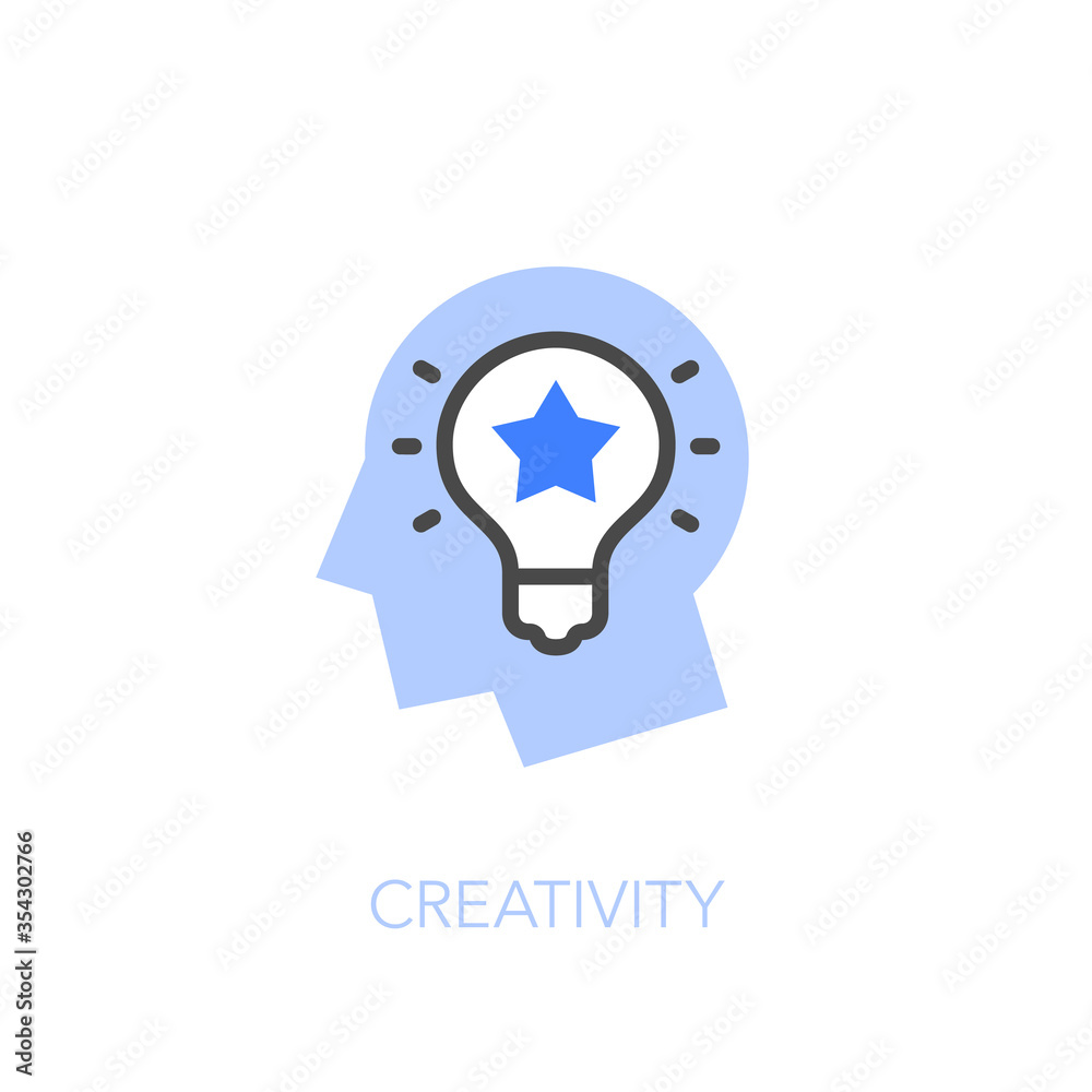 Aufkleber creativity symbol with a human head, a light bulb and a star. easy to use for your website or presen