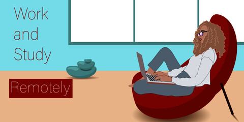 Girl sitting in a chair with a laptop. Remote work from a laptop. 
