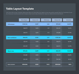 Fototapeta na wymiar Modern business table layout template with the total sum row and place for your content - dark version. Flat design, easy to use for your website or presentation.