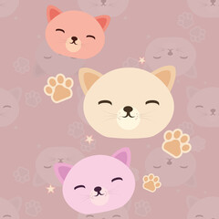 Baby seamless illustration with cute cats and paws. Light pastel colors. Sweet vector cartoon for kids - boys and girls. Pink and beige cartoon character repeating design.