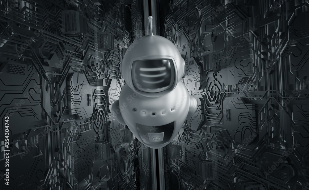 Poster Robot, chat bot, android and digital evolution of robotics. Future processor development technologies. 3D illustration of quantum cyberspace. AI and global data