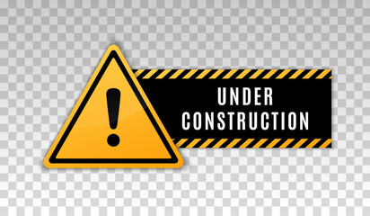 Under construction sign. Construct under banner. Signage danger. Warning caution. Board attract attention. Exclamation mark. Yellow triangle frame. Reconstruction sign. Page alert hazard icon. Vector