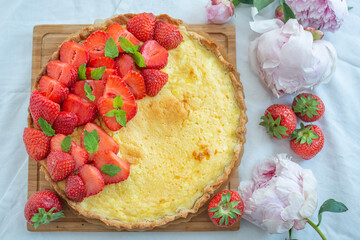 sweet home made strawberry vanilla tarte on a table