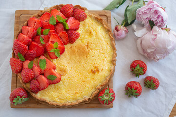 sweet home made strawberry vanilla tarte on a table