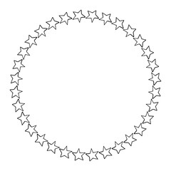 Round frame with black-and-white doodle stars on white background. Vector image.