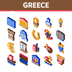 Greece Country History Icons Set Vector. Isometric Greece Flag And Antique Amphora, Building And Boat, Wine Barrel And Grape Illustrations