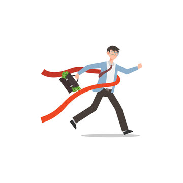 Cartoon character illustration of successful young business man running through the finish line and bringing briefcase with full of money.
