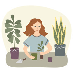 Woman transplanting plant into a new pot. Girl replanting houseplant on the table. Home garden concept. Vector illustration.